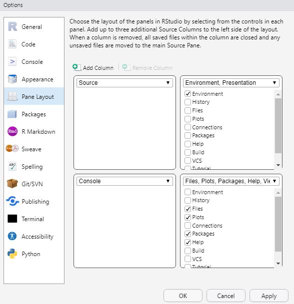 Changing the layout in RStudio