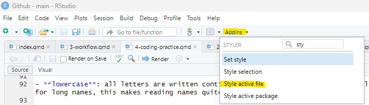 Styling code with the styler package