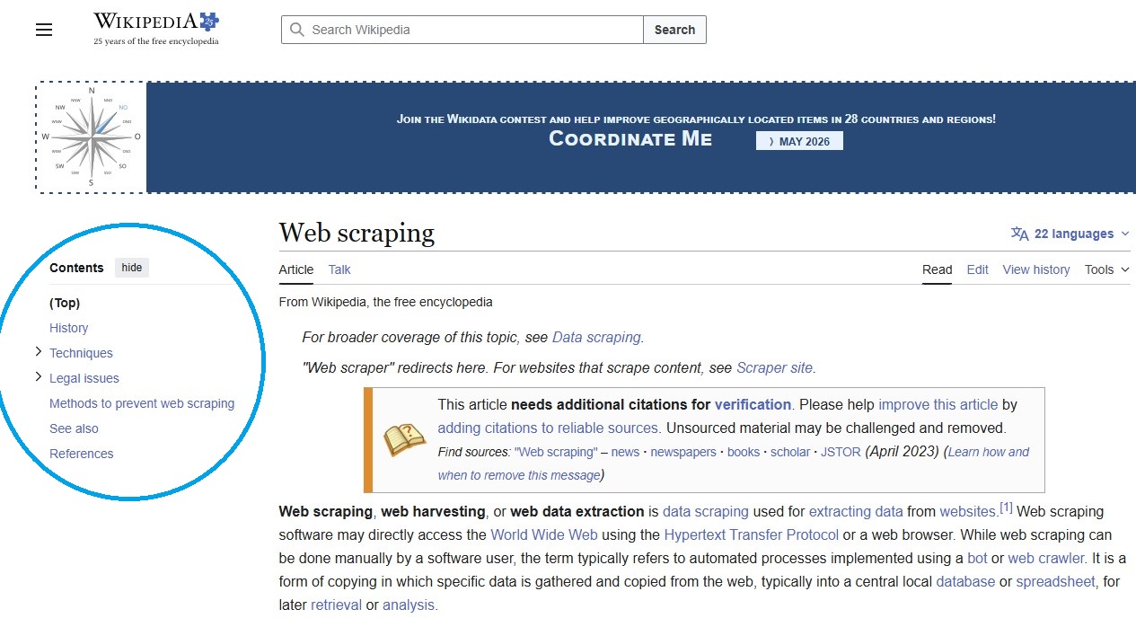 Overview of headings on Wikipedia site on web scraping