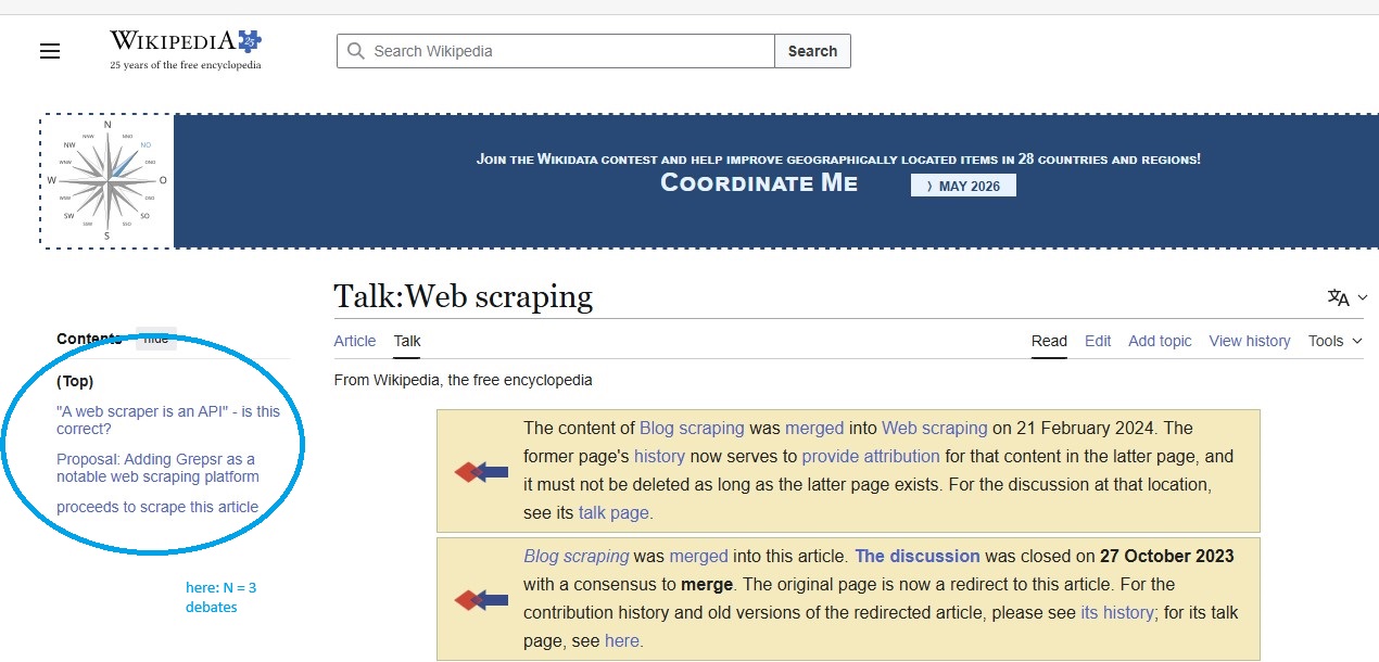 Overview of open debates on Wikipedia site on web scraping