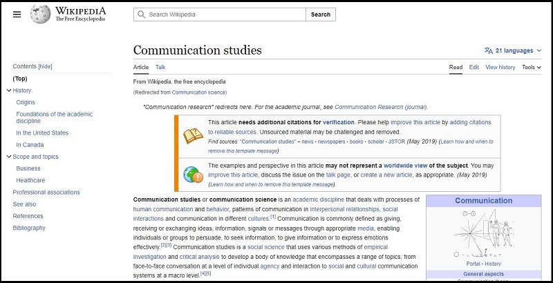 Overview of wikipedia site on comm studies