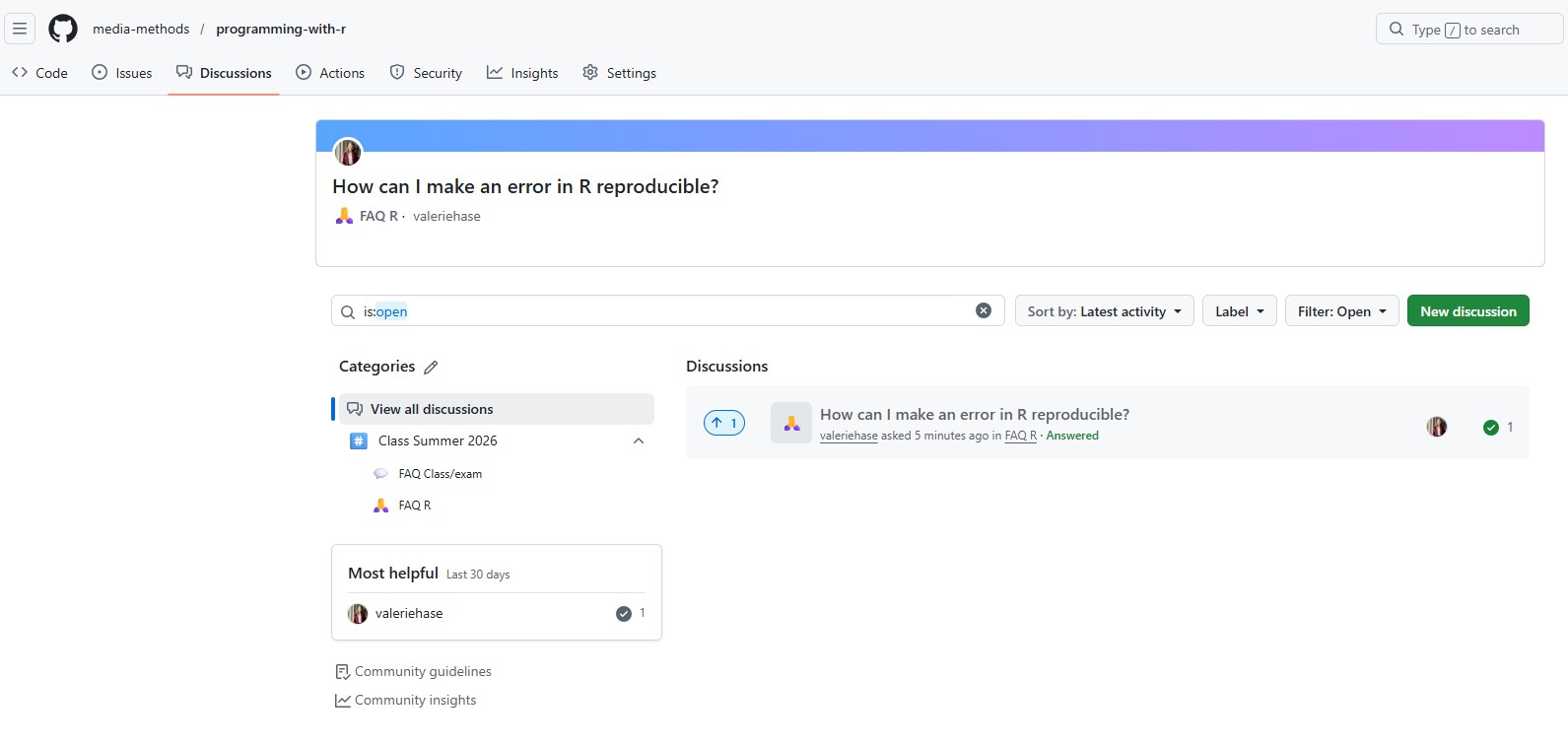 Screenshot of the Github Discussion forum